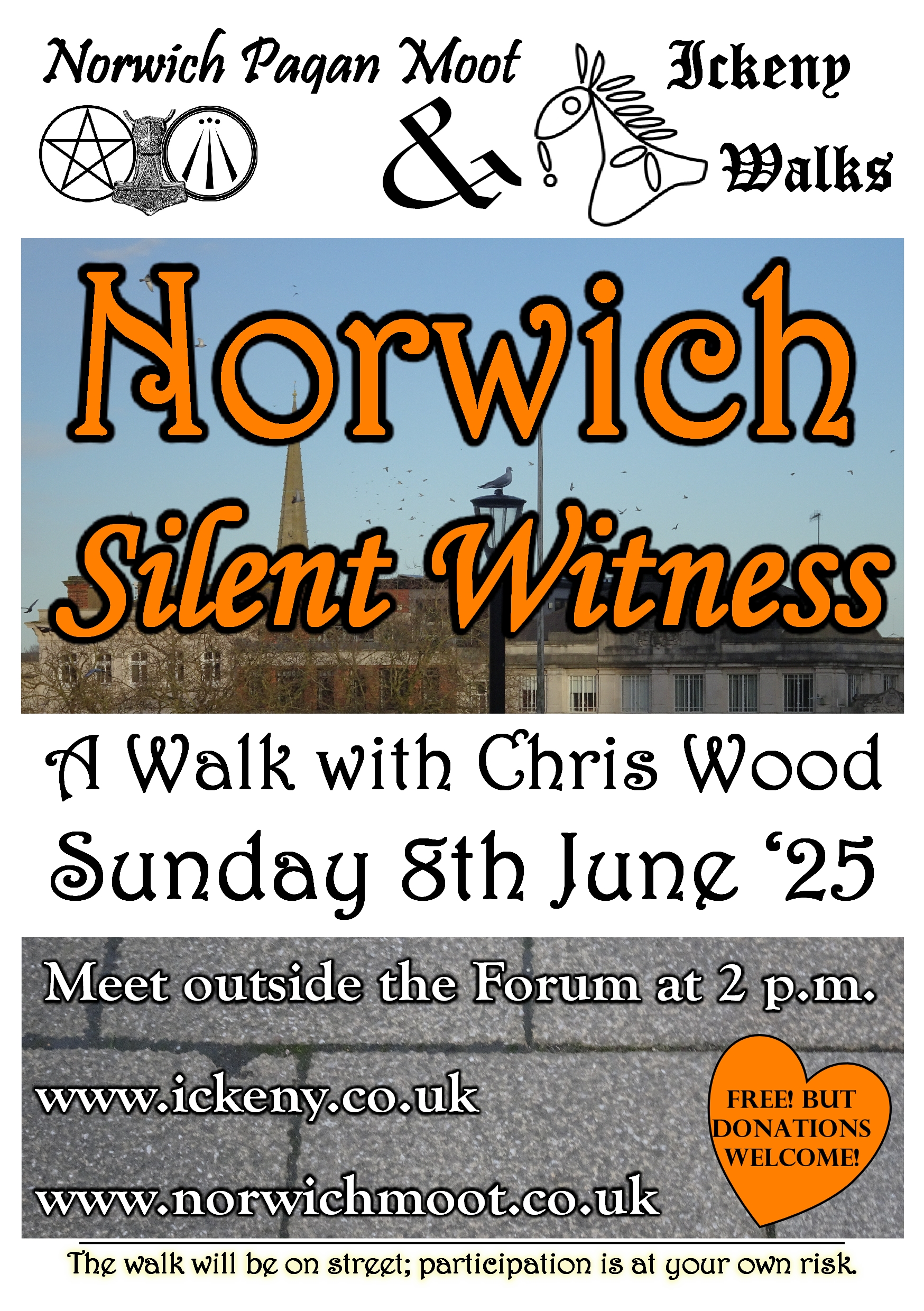 Flier for a walk by Chris Wood, showing a view from the top of the market.